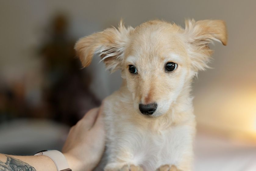 Une main caresse un petit chiot clair aux oreilles tombantes, assis face à l'objectif.